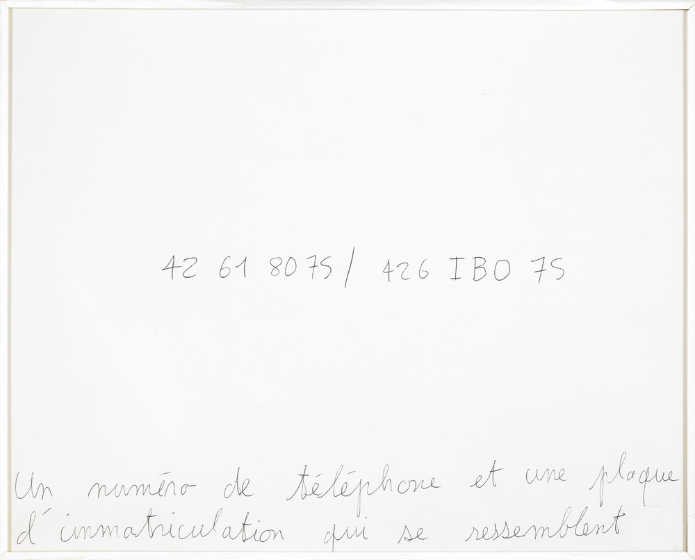 Claude Closky, ‘Un numéro de téléphone et une plaque d’imatriculation qui se ressemblent [a telephone number and a license plate that look alike],’ 1991, ballpoint pen on paper, 30 x24 cm.